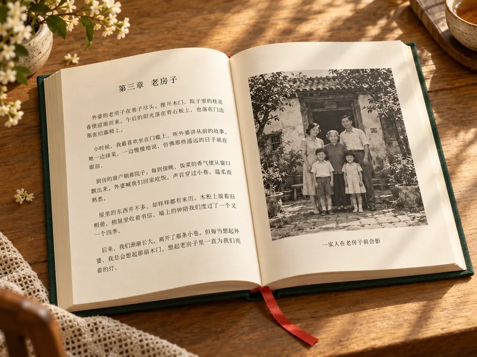 翻开的回忆录内页，左页正文，右页老照片